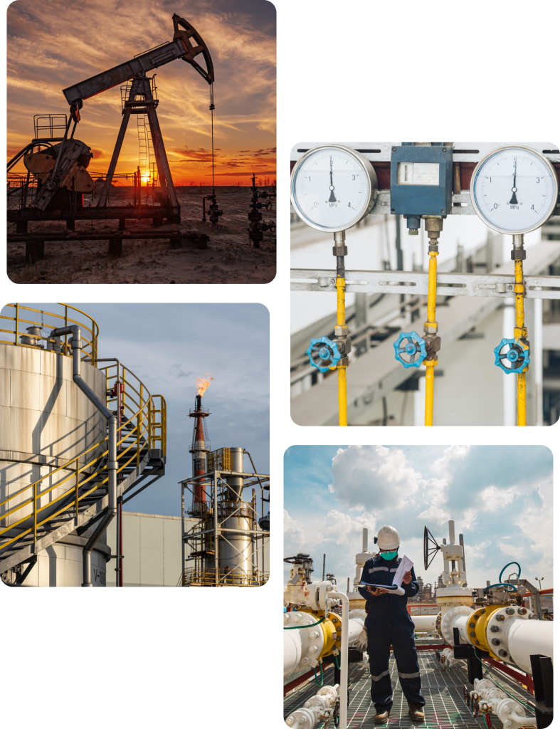A picturesque view of an oil rig at sunset, representing Sevington Energy's extensive oil extraction operations. Close-up of gas pressure gauges, highlighting the precision and monitoring capabilities in Sevington Energy's gas distribution network. A flare tower at an oil refinery, illustrating Sevington Energy's advanced refining processes and commitment to safety. An engineer inspecting pipelines, showcasing Sevington Energy's dedication to maintaining the highest standards in pipeline safety and efficiency.